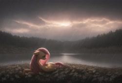 Size: 3648x2496 | Tagged: safe, imported from derpibooru, fluttershy, pegasus, pony, ai content, ai generated, female, forest, lake, lying down, meadow, nature, prompter:thehyperinsectoid, rain, scenery, solo, solo female, tree, water