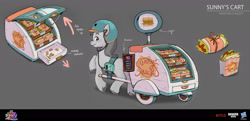 Size: 1920x928 | Tagged: safe, artist:debbie yeo, boulder media, imported from derpibooru, sunny starscout, earth pony, pony, boulder media logo, concept art, female, food, food cart, g5, hasbro, hasbro logo, helmet, logo, mare, my little pony: a new generation, netflix, netflix logo, raised leg, solo, unshorn fetlocks, walking, wheel