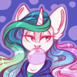 Size: 2000x2000 | Tagged: safe, artist:amishy, imported from derpibooru, princess celestia, alicorn, pony, bubblegum, bust, clothes, female, food, gum, hoodie, lidded eyes, mare, portrait, solo