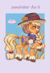 Size: 1280x1859 | Tagged: safe, artist:zackchibi, imported from derpibooru, applejack, earth pony, pony, braid, braided ponytail, deviantart watermark, female, mare, obtrusive watermark, open mouth, open smile, ponytail, raised hoof, scarecrow costume, signature, smiling, solo, unshorn fetlocks, watermark