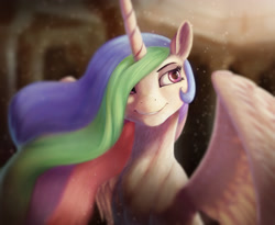 Size: 3159x2585 | Tagged: safe, alternate version, artist:starblaze25, imported from derpibooru, princess celestia, alicorn, pony, aside glance, bust, cheek fluff, chest fluff, cute, cutelestia, dust motes, ear fluff, female, fluffy, grin, hair over one eye, high res, lidded eyes, looking at you, looking back, mare, missing accessory, neck fluff, portrait, sideways glance, sitting, smiling, solo, sparkles, spread wings, wing fluff, wings