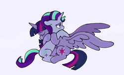 Size: 546x330 | Tagged: safe, artist:driftwoodpony, imported from derpibooru, starlight glimmer, twilight sparkle, alicorn, pony, unicorn, duo, duo female, eyes closed, female, floppy ears, horn, hug, mare, purple background, simple background, spread wings, twilight sparkle (alicorn), wings