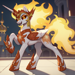 Size: 1024x1024 | Tagged: safe, imported from derpibooru, daybreaker, alicorn, pony, ai content, ai generated, fangs, female, mane of fire, mare, open mouth, raised hoof, side view, solo