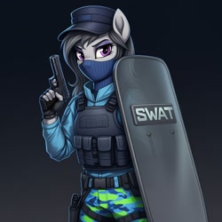 Size: 1024x1024 | Tagged: safe, imported from derpibooru, octavia melody, anthro, earth pony, ai content, ai generated, clothes, cosplay, costume, fatigues, female, g.i. joe, generator:google imagen 3.0, gradient background, gun, handgun, hat, military uniform, pistol, prompter:zerowinger, shield, shockblast, ski mask, solo, swat, uniform, weapon