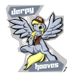 Size: 3850x4091 | Tagged: safe, artist:ricy, derpy hooves, pegasus, badge, clothes, commission, con badge, cutie mark, female, looking at you, mailbag, mare, simple background, solo, spread wings, uniform, wings