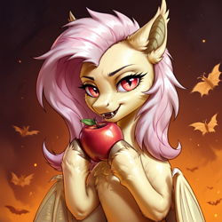 Size: 2400x2400 | Tagged: safe, imported from derpibooru, fluttershy, bat pony, pony, ai content, ai generated, apple, bat ponified, fangs, female, flutterbat, food, generator:pony diffusion v6 xl, generator:stable diffusion, holding, hooves, looking at you, mare, night, open mouth, prompter:infernum, race swap, smiling, smiling at you, solo, solo female, wings