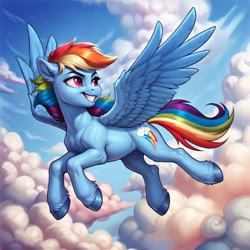 Size: 2400x2400 | Tagged: safe, imported from derpibooru, rainbow dash, pegasus, pony, ai content, ai generated, cloud, day, female, flying, generator:pony diffusion v6 xl, generator:stable diffusion, hooves, looking sideways, mare, prompter:infernum, sky, solo, solo female, wings