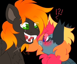 Size: 7173x6000 | Tagged: safe, artist:crazysketch101, imported from derpibooru, oc, oc:ashton burnside, oc:crazy looncrest, pegasus, pony, blushing, burncrest, chest fluff, ear fluff, fangs, scar, sharp teeth, shocked, teeth