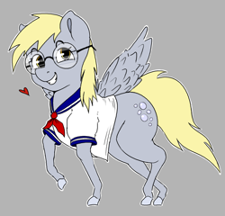 Size: 1566x1502 | Tagged: safe, artist:pencilfriend, imported from derpibooru, derpy hooves, pegasus, pony, blonde, blonde hair, bubble, clothes, colored, cute, cutie mark, drawpile, flat colors, glasses, grin, heart, hooves, looking at you, raised hoof, realistic horse legs, request, school uniform, schoolgirl, simple background, smiling, solo, wings