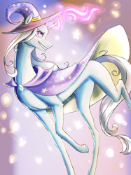 Size: 1024x1366 | Tagged: safe, artist:starshine74, imported from derpibooru, trixie, pony, unicorn, cape, clothes, female, glowing, glowing horn, hat, horn, mare, smiling, solo, trixie's cape, trixie's hat