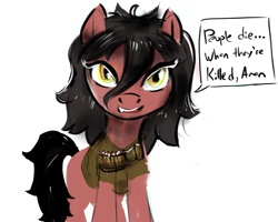 Size: 1344x1077 | Tagged: artist needed, safe, imported from derpibooru, oc, oc only, oc:threat, earth pony, pony, bandolier, bootleg, bootleg waifu, clothes, dialogue, female, mare, messy mane, shirt, simple background, snaggletooth, solo, white background