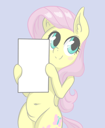 Size: 1000x1215 | Tagged: safe, artist:shrimpshogun, imported from derpibooru, fluttershy, belly, belly button, blue background, holding sign, sign, simple background, template