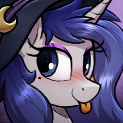 Size: 1920x1920 | Tagged: safe, artist:selenophile, imported from derpibooru, oc, oc only, oc:moonlit silver, pony, unicorn, :p, blue eyes, blushing, eyeshadow, female, gray coat, happy, hat, horn, makeup, mole, solo, tongue out, unicorn oc, witch, witch hat