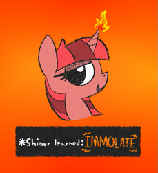 Size: 681x742 | Tagged: safe, artist:castafae, imported from derpibooru, oc, oc only, oc:sparking shine, pony, unicorn, bootleg, bootleg waifu, bust, female, fire, gradient background, horn, lidded eyes, mare, solo, text