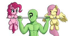 Size: 1450x732 | Tagged: safe, artist:neuro, imported from derpibooru, fluttershy, pinkie pie, oc, oc:anon, simple background, transparent background, weight lifting, weights