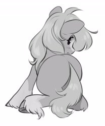 Size: 3402x4096 | Tagged: safe, artist:opalacorn, imported from derpibooru, earth pony, pony, blaze (coat marking), butt, coat markings, facial markings, female, grayscale, looking at you, looking back, looking back at you, mare, monochrome, plot, ponified, sergeant reckless, simple background, solo, unshorn fetlocks, white background