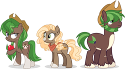 Size: 1920x1059 | Tagged: safe, artist:cirillaq, imported from derpibooru, oc, oc only, oc:apple cider, oc:green pom, oc:sweet apple, earth pony, apple, female, food, male, mare, scar, simple background, stallion, transparent background, trio