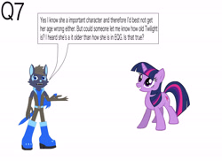 Size: 4495x3266 | Tagged: safe, artist:star153, imported from derpibooru, screencap, twilight sparkle, alicorn, anthro, unicorn, wolf, age, ask, blue, brown, clothes, dark blue, gloves, hair, horn, long gloves, purple, question, solo, sonic oc, sword, time, weapon