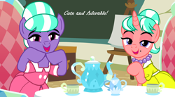 Size: 3548x1952 | Tagged: artist needed, safe, anonymous artist, artist:birdco, artist:tomfraggle, imported from derpibooru, stepford ponies, oc, oc:strawberry kiss, oc:sweeten blackberry, earth pony, pony, unicorn, chair, chalkboard, classroom, clothes, cup, dress, duo, female, headcanon, headcanon in the description, horn, jewelry, lesbian, lesson, lidded eyes, mare, necklace, open mouth, open smile, pearl necklace, smiling, table, teacup, teapot