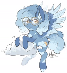 Size: 1751x1892 | Tagged: safe, artist:inlaru, imported from derpibooru, oc, oc:partly cloudy, pegasus, pony, chibi, cloud, colored, cute, digital art, flat colors, flying, glasses, happy, high res, pegasus oc, simple background, solo, white background, wings