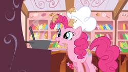 Size: 1920x1080 | Tagged: safe, imported from derpibooru, screencap, pinkie pie, earth pony, pony, season 5, the lost treasure of griffonstone, batter, bowl, chef's hat, female, food, hat, indoors, mare, mixing bowl, solo