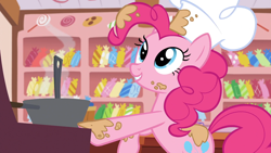 Size: 1920x1080 | Tagged: safe, imported from derpibooru, screencap, gummy, pinkie pie, earth pony, pony, season 5, the lost treasure of griffonstone, batter, bowl, chef's hat, food, hat, indoors, mixing bowl, solo