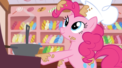 Size: 1920x1080 | Tagged: safe, imported from derpibooru, screencap, pinkie pie, earth pony, pony, season 5, the lost treasure of griffonstone, batter, bowl, chef, chef's hat, female, food, hat, indoors, kitchen, mare, mixing bowl, solo, sugarcube corner