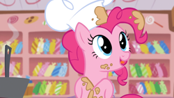 Size: 1920x1080 | Tagged: safe, imported from derpibooru, screencap, pinkie pie, earth pony, pony, season 5, the lost treasure of griffonstone, batter, bowl, chef, chef's hat, female, food, hat, indoors, kitchen, mare, mixing bowl, solo, sugarcube corner