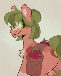 Size: 2000x2500 | Tagged: safe, artist:lionbun, imported from derpibooru, oc, oc only, oc:apple dawn, earth pony, pony, apple, bag, earth pony oc, eye clipping through hair, female, food, looking back, mare, saddle bag, simple background, solo