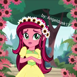 Size: 1080x1080 | Tagged: safe, imported from derpibooru, gloriosa daisy, equestria girls, ai content, ai generated, clothes, dress, everfree forest, flower, forest, nature, outdoors, photoshop, prompter:angeldusk17, tree, wallpaper