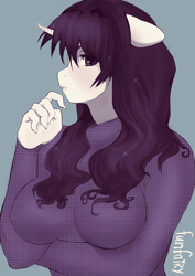 Size: 1240x1754 | Tagged: safe, imported from derpibooru, rarity, anthro, human, unicorn, chest, clothes, horn, humanized, solo, sweater