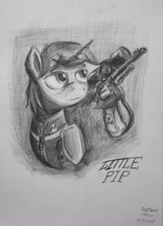 Size: 2745x3816 | Tagged: safe, artist:soursweet cheese, imported from derpibooru, oc, oc only, oc:littlepip, pony, unicorn, fallout equestria, clothes, gun, handgun, horn, jumpsuit, little macintosh, photo, revolver, solo, vault suit, weapon