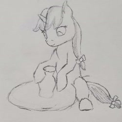 Size: 1902x1903 | Tagged: safe, artist:mannitenerisunt, derpibooru exclusive, imported from derpibooru, oc, oc only, oc:terracotta light, pony, unicorn, arts and crafts, bow, cute, female, filly, foal, hair bow, horn, pencil drawing, pottery, pottery wheel, sitting, sketch, solo, tail, tail bow, traditional art