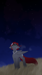 Size: 2400x4272 | Tagged: safe, artist:feather_bloom, imported from derpibooru, oc, oc only, oc:void, pegasus, pony, detailed background, field, fog, gift art, jewelry, night, night sky, outdoors, pretty, shading, sky, solo, stars, wind