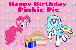 Size: 1226x800 | Tagged: safe, artist:jemimasparkle, imported from derpibooru, pinkie pie, oc, oc:jemimasparkle, cake, cutie mark, cutie mark background, female, food, happy birthday, pink background, present, simple background