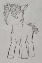 Size: 1474x2214 | Tagged: safe, artist:mannitenerisunt, derpibooru exclusive, imported from derpibooru, oc, oc only, oc:boreal evening, pony, unicorn, annoyed, colt, foal, horn, looking away, male, pencil drawing, sketch, solo, standing, traditional art, wide stance