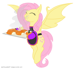 Size: 1188x1080 | Tagged: safe, artist:earthquake87, imported from derpibooru, fluttershy, bat pony, pony, apron, bat ponified, bat wings, clothes, cooking, cute, eyes closed, flutterbat, oven mitts, pumpkin, race swap, smiling, solo, spread wings, steam, tray, wings