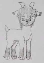 Size: 1354x1940 | Tagged: safe, artist:mannitenerisunt, derpibooru exclusive, imported from derpibooru, oc, oc only, oc:immanuel, goat, cloven hooves, floppy ears, glasses, goat oc, horns, looking at you, non-pony oc, rectangular pupil, solo, standing