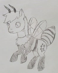 Size: 1732x2197 | Tagged: safe, artist:mannitenerisunt, derpibooru exclusive, imported from derpibooru, derpy hooves, bee pony, original species, pony, antennae, cross-eyed, female, flying, insect wings, mare, neck fluff, pencil drawing, sketch, solo, species swap, traditional art, wings