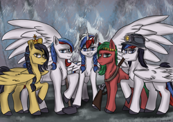 Size: 4093x2894 | Tagged: safe, artist:kirieshka, imported from derpibooru, oc, oc only, oc:donetsk, oc:lugansk, oc:marussia, alicorn, earth pony, pegasus, pony, unicorn, blue eyes, crown, green eyes, gun, hammer, helmet, horn, jewelry, large wings, nation ponies, pigtails, politics, ponified, regalia, rifle, russia, weapon, wings, yellow eyes