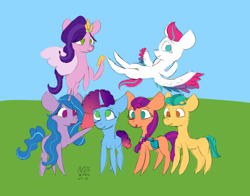 Size: 1656x1299 | Tagged: safe, artist:adamv20, imported from derpibooru, hitch trailblazer, izzy moonbow, pipp petals, sunny starscout, zipp storm, pony, applejack (g5), fluttershy (g5), fool hitch, g5, mane five, mane six (g5), misty brightdawn, pinkie pie (g5), pointy ponies, rainbow dash (g5), rarity (g5), twilight sparkle (g5), unitober 2024