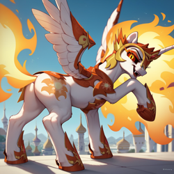 Size: 1024x1024 | Tagged: safe, imported from derpibooru, daybreaker, alicorn, pony, ai content, ai generated, canterlot, fangs, female, looking at you, looking back, looking back at you, mane of fire, mare, open mouth, raised hoof, solo, spread wings, wings