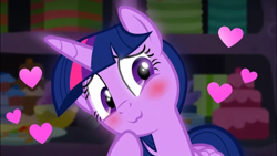 Size: 1920x1080 | Tagged: safe, edit, edited screencap, imported from derpibooru, screencap, twilight sparkle, alicorn, pony, party pooped, blushing, female, heart, mare, party cave, smiling, solo, twilight sparkle (alicorn)