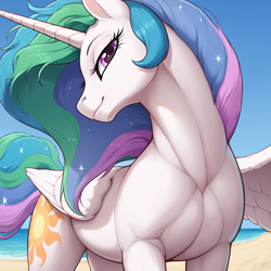 Size: 1024x1024 | Tagged: safe, imported from derpibooru, princess celestia, alicorn, pony, ai content, ai generated, anonymous prompter, beach, lidded eyes, looking at you, muscles, one wing out, solo, wings