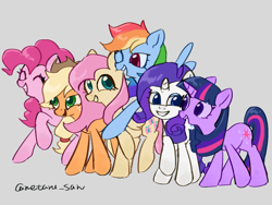 Size: 4096x3072 | Tagged: safe, artist:metaruscarlet, imported from derpibooru, applejack, fluttershy, pinkie pie, rainbow dash, rarity, twilight sparkle, earth pony, pegasus, pony, unicorn, applejack's hat, cowboy hat, flying, folded wings, gray background, grin, hat, horn, looking at each other, looking at someone, mane six, open mouth, raised hoof, simple background, smiling, spread wings, unicorn twilight, wings