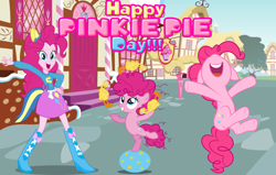 Size: 2124x1350 | Tagged: safe, artist:shieldwingarmorofgod, imported from derpibooru, pinkie pie, earth pony, human, equestria girls, boots, clothes, female, filly, foal, high heel boots, mare, pinkie pie day, shirt, shoes, skirt, sweater