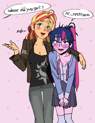 Size: 1383x1802 | Tagged: safe, artist:ridovax, imported from derpibooru, sci-twi, sunset shimmer, twilight sparkle, equestria girls, bags under eyes, clothes, cutie mark, cutie mark on clothes, dialogue, female, kiss mark, kiss on the lips, kissing, lesbian, lipstick, open clothes, sci-twishimmer, shipping, sunsetsparkle