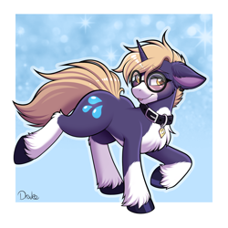 Size: 1500x1500 | Tagged: safe, artist:drako1997, imported from derpibooru, oc, oc:dean (drako1997), pony, unicorn, blushing, butt, collar, digital art, glasses, horn, male, plot, ponified, simple background, solo, solo male, tail