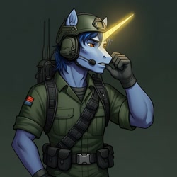 Size: 1024x1024 | Tagged: safe, imported from derpibooru, hoo'far, anthro, unicorn, ai content, ai generated, backpack, bandolier, breaker, clothes, cosplay, costume, g.i. joe, generator:google imagen 3.0, gloves, glowing, glowing horn, gradient background, headset, helmet, horn, male, military uniform, prompter:zerowinger, radio, radioman, solo, uniform