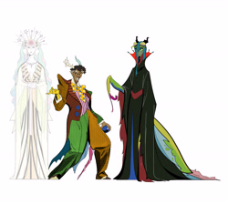 Size: 5374x4820 | Tagged: safe, artist:bixels, imported from derpibooru, discord, princess celestia, queen chrysalis, deity, human, mantis, absurd resolution, antlers, bowtie, braless, cane, clothes, dress, eyebrows, fangs, female, gown, grin, horn, horned humanization, humanized, insectoid, male, mismatched clothes, moderate dark skin, multiple faces, raised eyebrow, simple background, smiling, snaggletooth, the grand galloping 20s, trio, white background, zoot suit